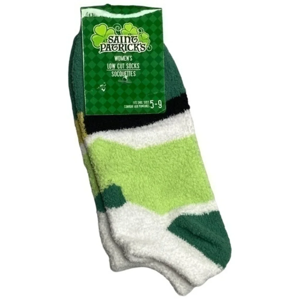 Greenbrier Green Saint Patricks Day Fuzzy Socks Womens 5-9 Leprechaun Low Cut